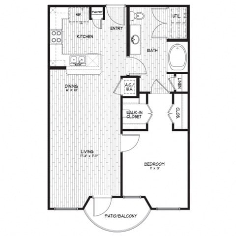Floor plan for 1 bed, 1 bath, 802 sqft
